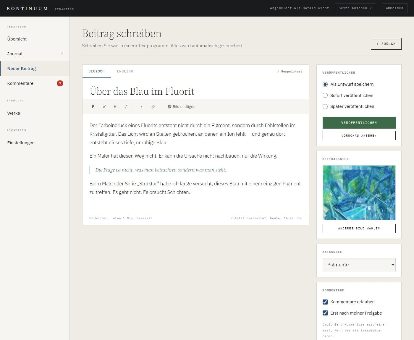 The Redaktion editor: a form for a new journal entry with a preview.