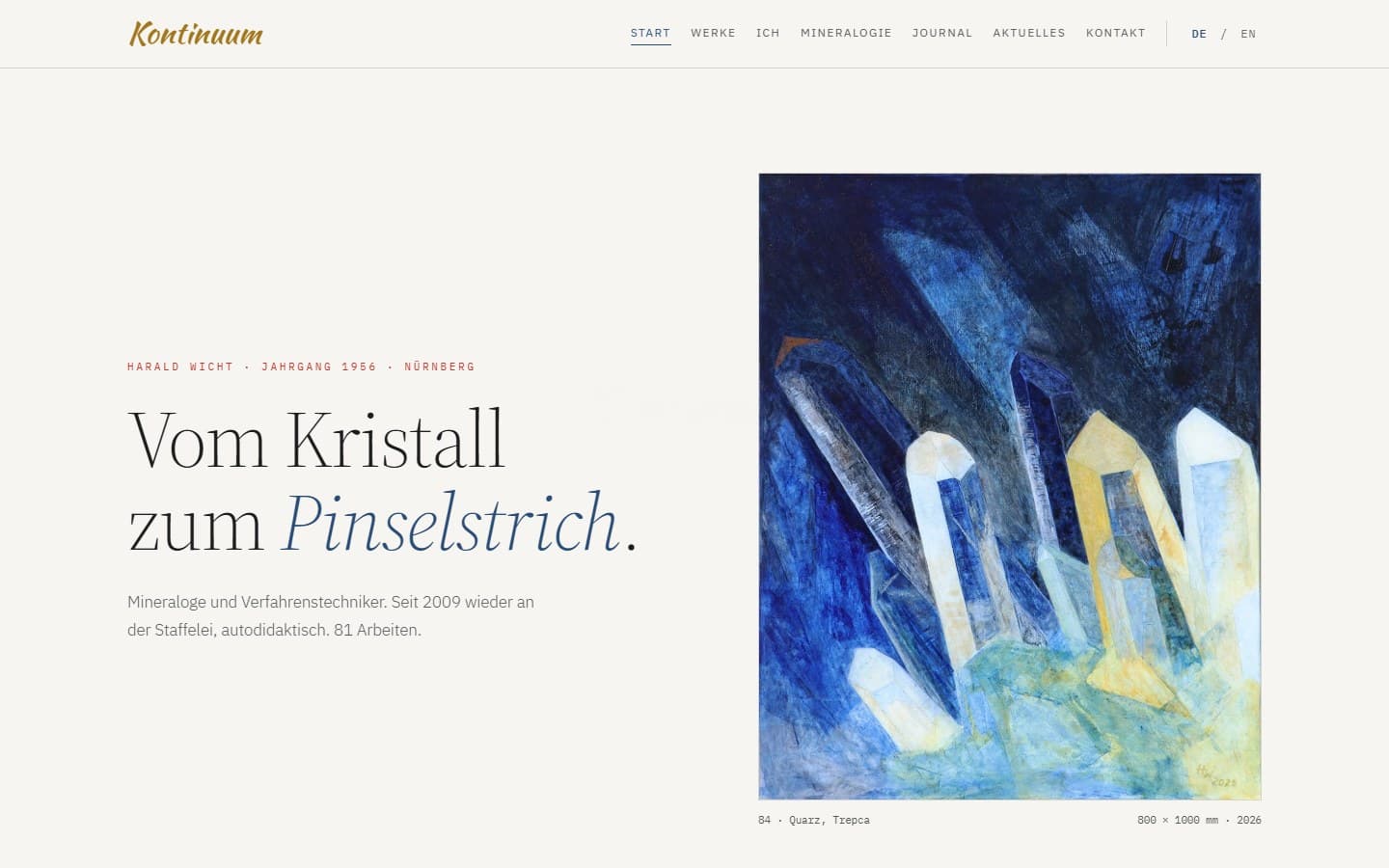The new kontinuum.biz homepage: an off-white page, the Kontinuum wordmark, the serif headline Vom Kristall zum Pinselstrich, and a blue painting of quartz crystals.