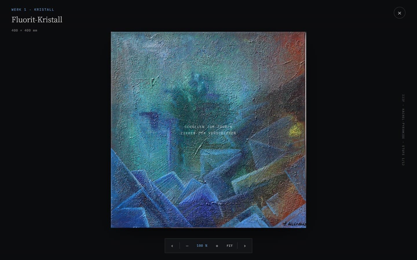 The image viewer open on a painting, dark surround, caption with number, title and dimensions.