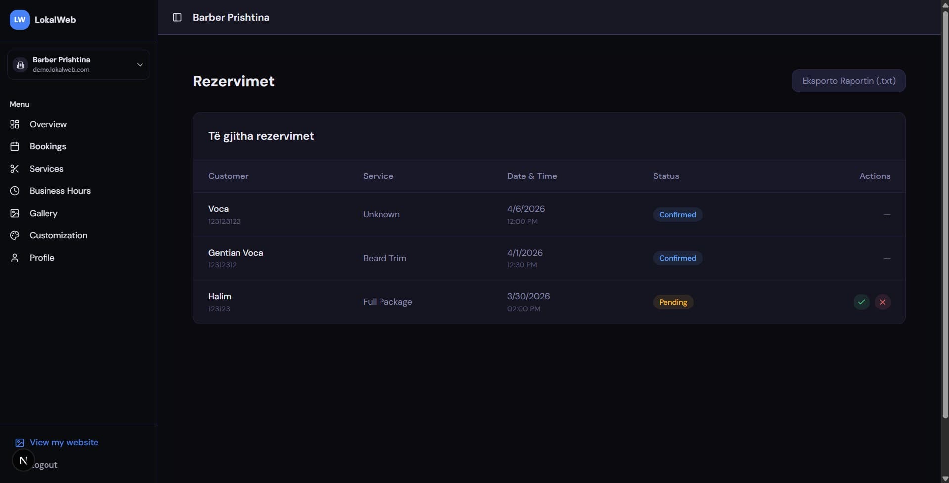 The bookings view: a list of appointments with time, customer and service.