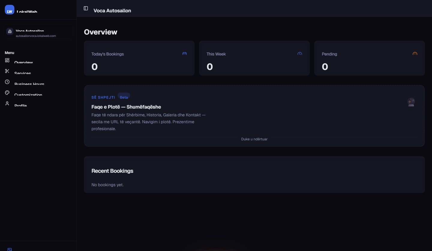 The owner dashboard: site status, quick actions and recent bookings.