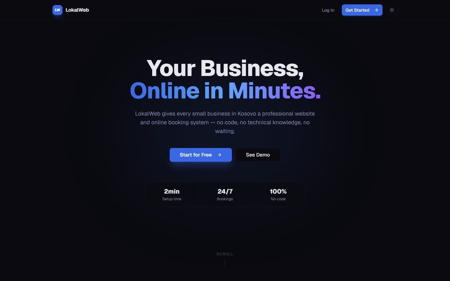 The LokalWeb landing page: a headline in Albanian, industry cards and a call to build a site.