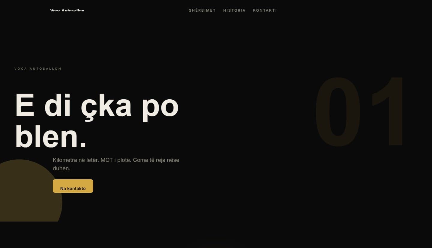 A generated website for a test car dealership, Voca Autosallon: a dark hero with the Albanian headline E di çka po blen and a contact button.