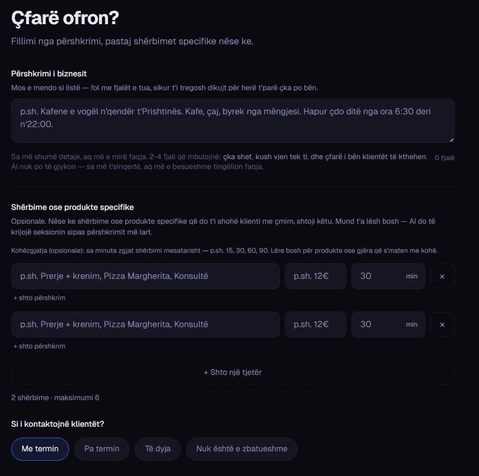 Wizard step two: the business description and a list of services with price and duration, in Albanian.