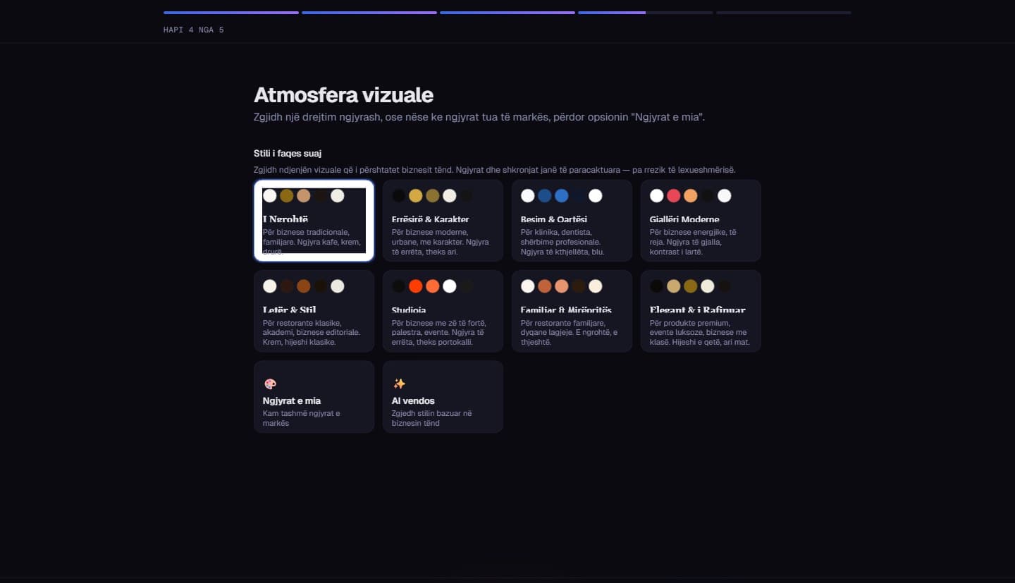 Wizard step four: a grid of eight visual archetype presets with colour swatches.